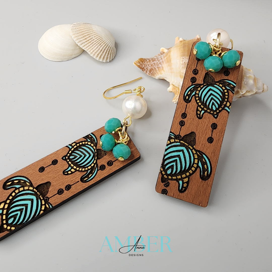 Sea Turtle Serenity Earrings - Glass, Natural Pearl and Hand-Painted Wood Dangle Earrings