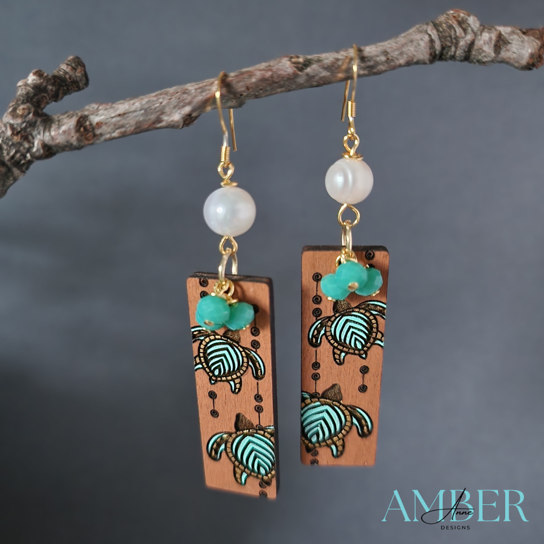Sea Turtle Serenity Earrings - Glass, Natural Pearl and Hand-Painted Wood Dangle Earrings