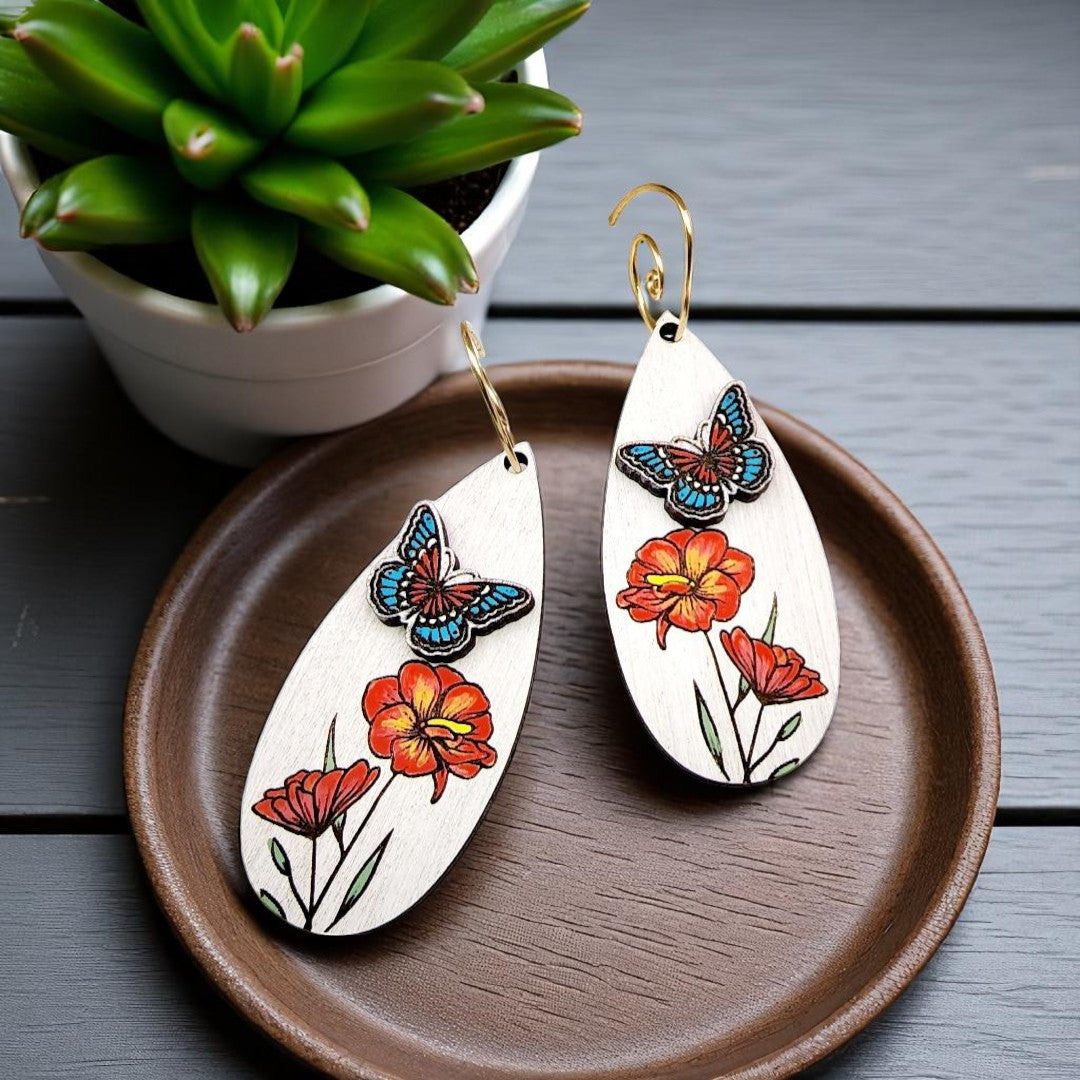 Butterfly Garden Earrings - Hand-Painted Wood Dangle Earrings